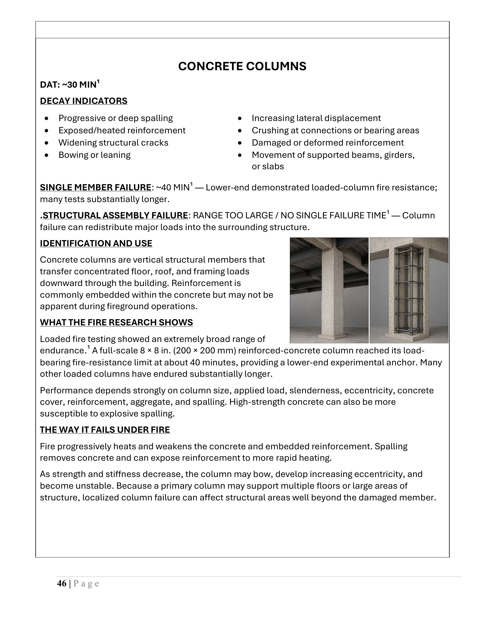 Concrete columns sample from page 46 of the SDRG, including the original column illustrations, DAT, decay indicators, failure details, identification, and research discussion. Open the PDF to read the full page.