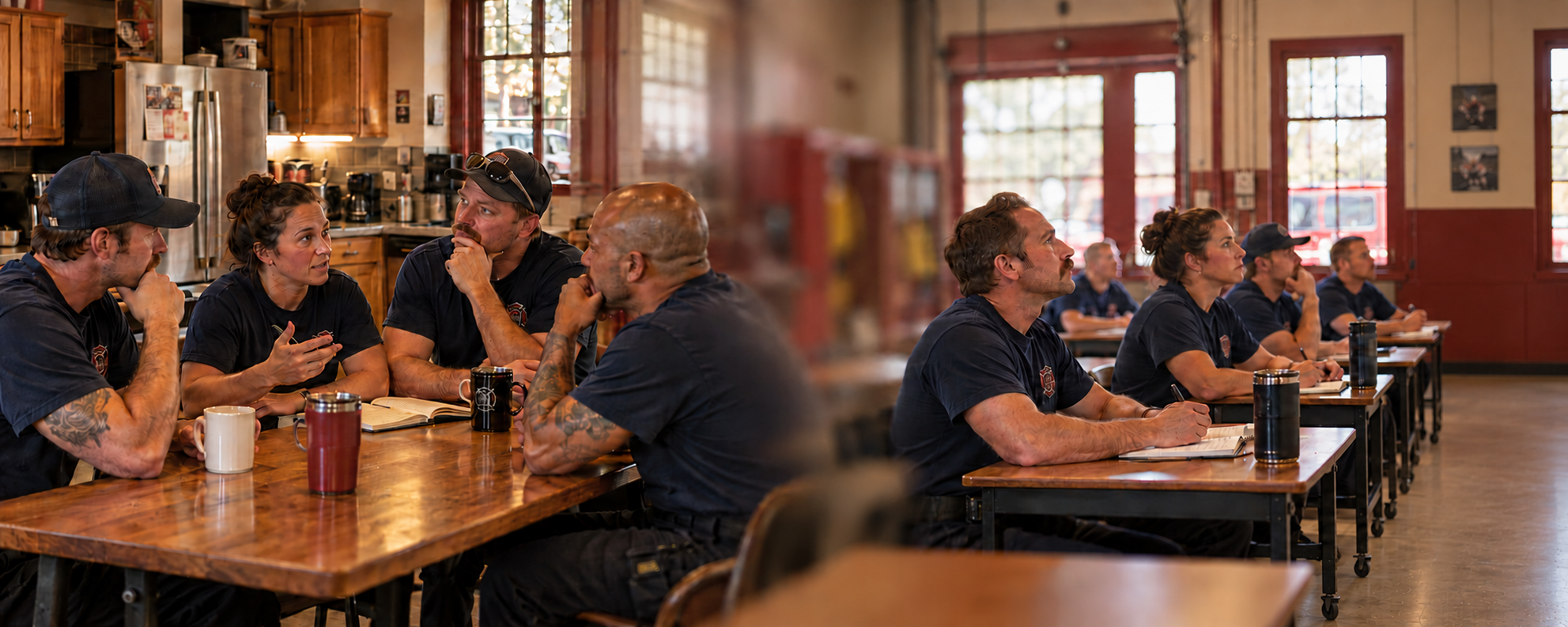 Firefighters engaged in discussion around a firehouse kitchen table blend into a classroom of firefighters focused on an unseen speaker.