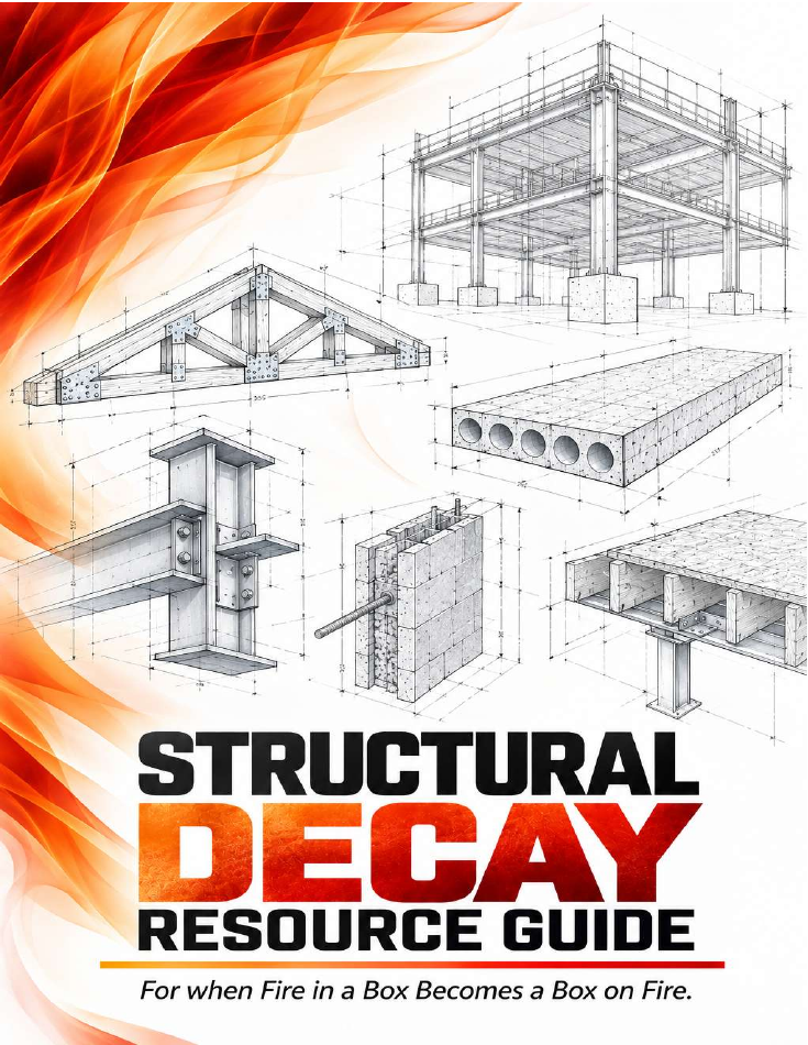 Structural Decay Resource Guide cover showing drawings of building components and orange flame motifs